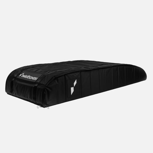 Twistboxes 520L rollable roof box fully unfolded showing aerodynamic design